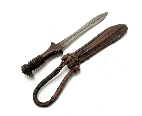 Antique African double fullered knife with original leather scabbard - 28cm total length ~ losses to wooden pommel &amp; wear