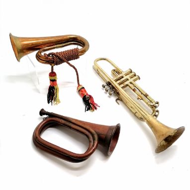 Antique copper bugle, brass trumpet by Corton (49cm &amp; lacks mouthpiece) &amp; vintage bugle with tassel detail ~ all have
