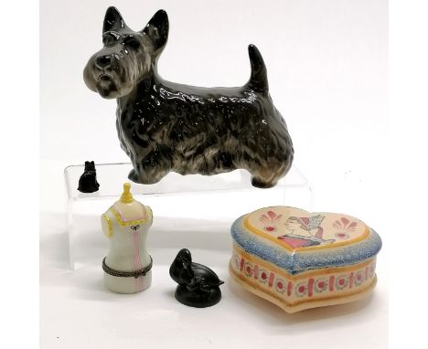 Quimper heart shaped trinket box, scottie dog (14cm high), tailors dummy design box etc - Quimper box has chips to rim otherw