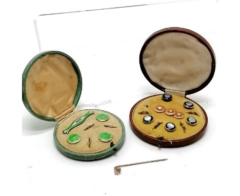 Cased set of silver &amp; enamel cravat pin / button set by J Aitkin &amp; Son t/w cased part set of Chester silver mother of