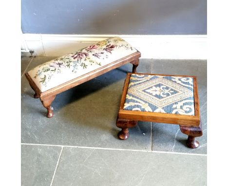 Tapestry Covered oak framed footstool on cabriole legs, 68 cm length, 25 cm deep, 22 cm high, good used condition, t/w simila