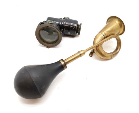 Vintage brass car horn 41 cm length, t/w The Revenge Birmingham Carbide cycle lamp, in good used condition, 18 cm high, 15 cm
