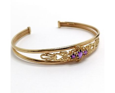 9ct hallmarked gold amethyst stone set fancy cuff bangle - 6.1g total weight 