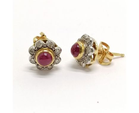 Pair of 18ct hallmarked gold cabochon ruby &amp; diamond set earrings - 3.3g total weight 