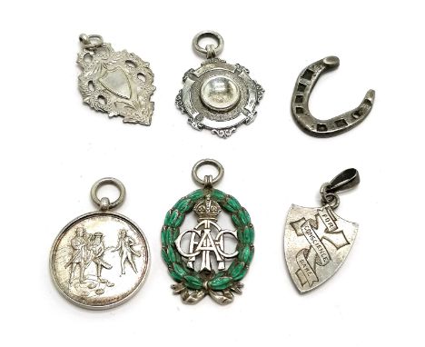 6 x silver fobs / medallions inc good luck horseshoe, Nasmyth cup (curling) etc - total weight 42g