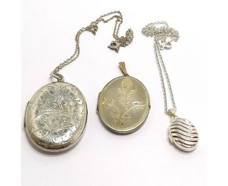 3 x silver marked lockets (2 hallmarked) - largest is 5cm drop &amp; has dents and 2 are on silver chains ~ total weight (3) 