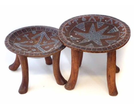 Two Kamba beadwork inlaid four legged stools, the largest measures 37cm high     All lots in this Tribal and African Art Sale