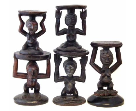 Five Luba / Hemba and Songye caryatid stools, the largest measures 34cm high     All lots in this Tribal and African Art Sale