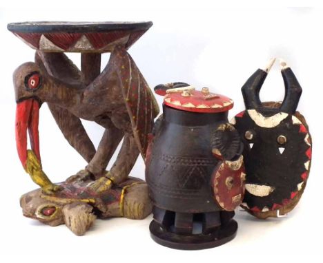 Bozo Burkino Faso stool, also a Baule Kplekple mask and similar lidded box. The stool measures 45cm high       All lots in th