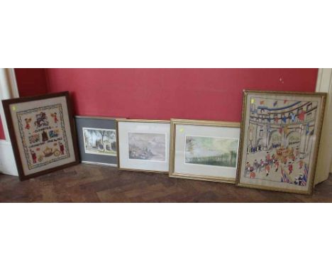 Two tapestry pictures and three watercolours. Condition report: see terms and conditions