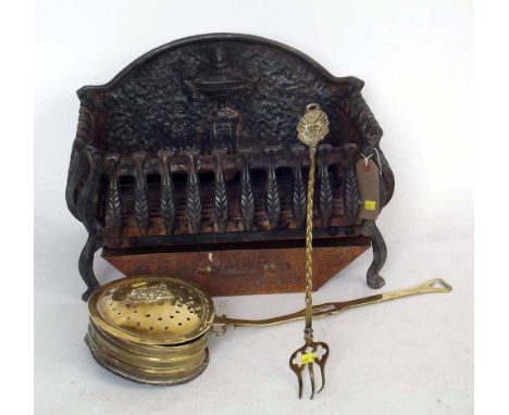 Fire basket, brass chestnut roaster and toasting fork. Condition report: see terms and conditions