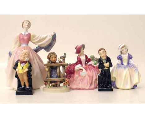 Three Royal Doulton ladies, two Dickens figures and Hummel girl. Condition report: see terms and conditions
