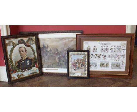 Oak framed print 'Captain Scott R.N.', large coloured print 'Wellington at Waterloo', military uniforms print, Indian Army pr