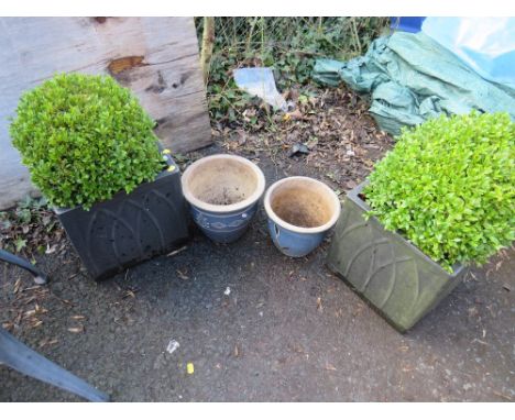 FOUR PLANTERS - COMPRISING TWO PLASTIC TO INCLUDE BUSHES AND TWO CERAMIC 