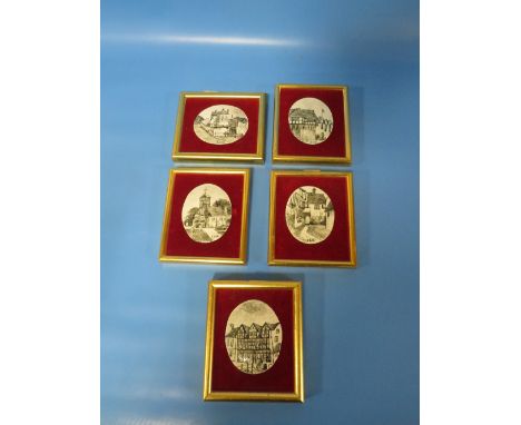 FIVE BILSTON ENAMEL J.A. WYLDE FRAMED PLAQUES, INCLUDING IMAGES OF "BISHOP PEVEYS HOUSE BRIDGNORTH" "STOKESAY CASTLE" " WHITE