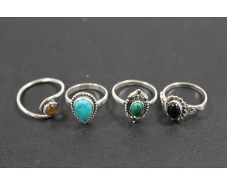 A COLLECTION OF 4 VINTAGE 925 SILVER GEMSTONE DRESS RINGS TO INCLUDE TIGERS EYE, JADE, TURQUOISE ETC