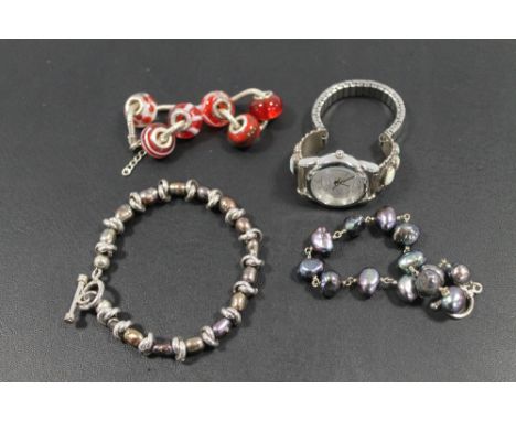 A 925 SILVER MOTHER OF PEARL STYLE BRACELET PLUS ANOTHER , A GLASS BEAD BRACELET AND AN OPAL STYLE STONE SET WATCH (4) 