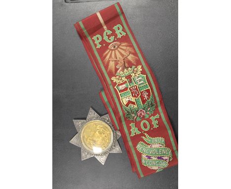 A 19TH CENTURY ANCIENT ORDER OF FORESTERS GLAZED SILVER SASH STAR MEDAL AND SASH, PRESENTED TO P.C.R JOHN SUTTON,  JUNE 1867 