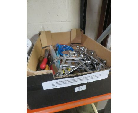 A BOX OF TOOLS TO INCLUDE APPROX 28 SPANNERS (SOME BRITOOL EXAMPLES), A HACKSAW, 4 PACKS OF HACKSAW BLADES, SCREWDRIVERS, FIL