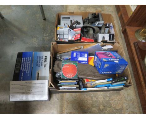 TWO TRAYS OF PHOTOGRAPH EQUIPMENT ETC TO INCLUDE PROJECTOR, PENTAX CAMERA AND LENS, SD CARDS ETC 