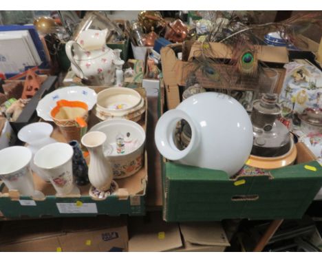 TWO TRAYS OF SUNDRIES TO INCLUDE CERAMIC BEER STEINS, CERAMIC VASES ETC 