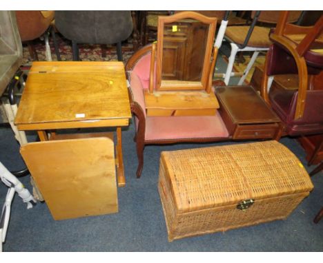 A CHILDS DESK A/F, TELEPHONE SEAT, PINE MIRROR, AND WICKER CHEST