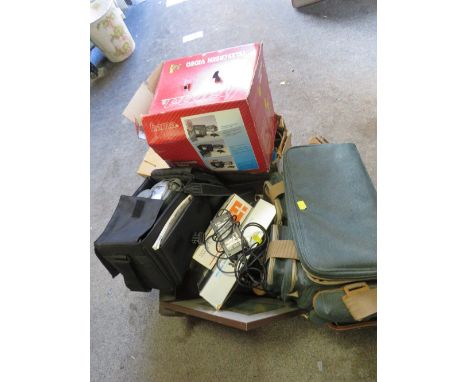 A QUANTITY OF SUNDRIES TO INCLUDE VINTAGE CAMERA LENSES AND ACCESSORIES, CANNON CAMCORDER ETC 