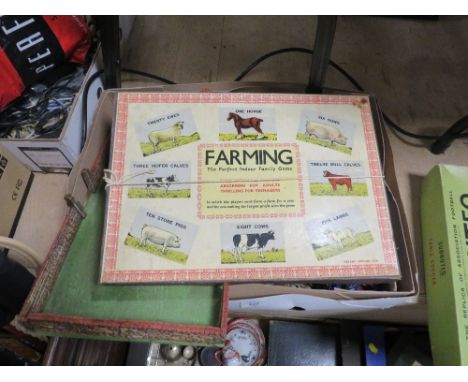 A TRAY OF VINTAGE FARM ANIMAL TOYS ETC TOGETHER WITH A FARMING BOARD GAME (UNCHECKED)