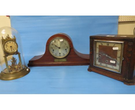 THREE CLOCKS CONSISTING OF AN OAK CASED MANTLE CLOCK ANOTHER ONE WITH LNER RAILWAY PRESENTATION PLAQUE AND AN ANNIVERSARY CLO
