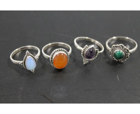 A COLLECTION OF 4 VINTAGE 925 SILVER GEMSTONE DRESS RINGS TO INCLUDE AMETHYST, JADE, OPAL ETC