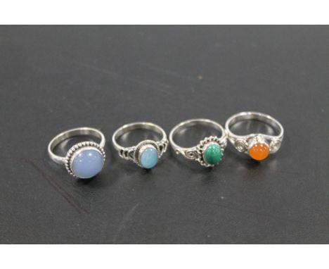 A COLLECTION OF 4 VINTAGE 925 SILVER GEMSTONE DRESS RINGS TO INCLUDE JADE, OPAL ETC