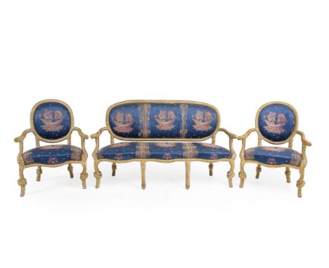 A three-piece salon in carved giltwood imitating sailor's rope with maritime subject upholstery, 19th/20th C.H 109 x L 181 x 
