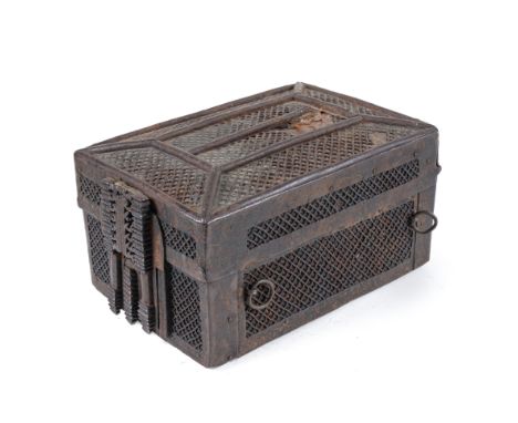 A French document or missal casket in iron on wood inner work, 15th C.H 14,5 x L 28 x D 18 cm Provenance:- Antwerp art market
