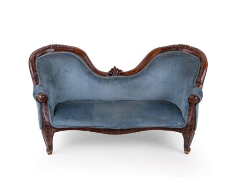 A wooden miniature Biedermeier sofa with blue upholstery, 19th C.H 50 x L 92 x D 34 cm