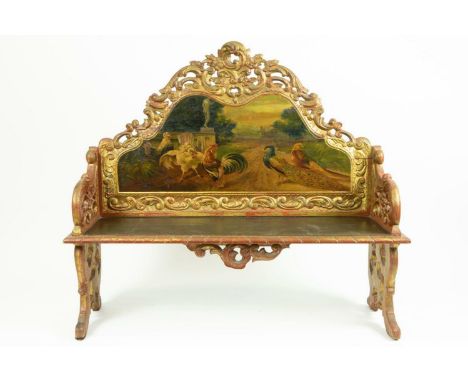 A finely carved gilt wooden Louis XV style bench with painted back rest, 19th CH 131 x L 42 x D 117 cm