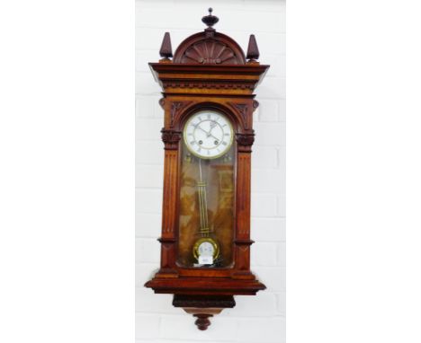 Vienna style wall clock, the enamel dial with Roman numerals, complete with pendulum, 94 x 33cm