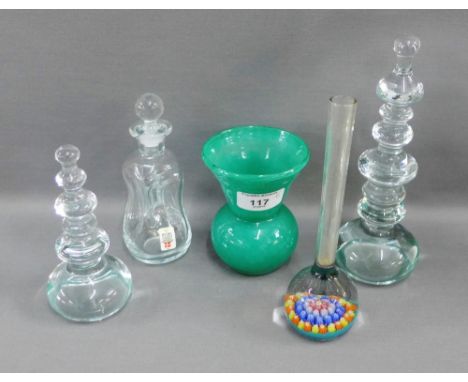 Art glass to include a miniature Holmegaard gurgle decanter and stopper and a Scottish green glass vase, tallest 20cm, (5)
