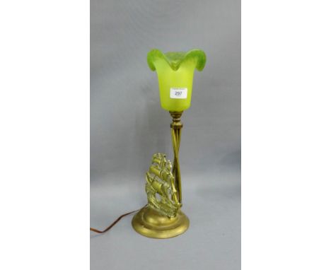 Brass table lamp base with green opaque glass shade with frilled rim, 39cm high overall