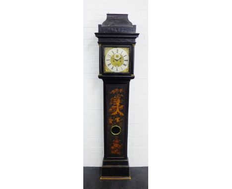 Georgian black Japanned longcase clock, with a caddy top and blind fret over a brass dial with silvered chapter ring and subs
