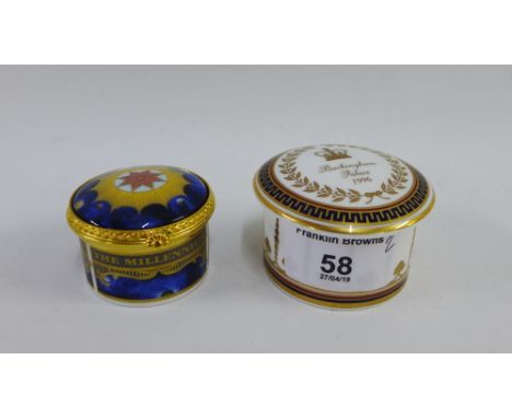 Royal Worcester The Millennium pattern porcelain pill box and cover together with a porcelain Buckingham Palace 1996 jar and 