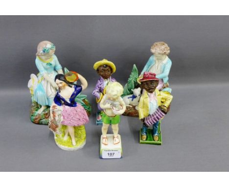 Collection of figures to include a pair of boy and girl Majolica and Parian ware figures, together with a Staffordshire girl,