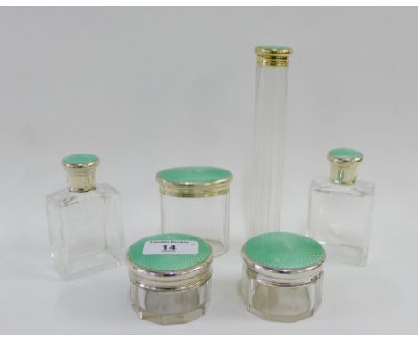 George V set of six enamel and silver topped glass bottles, London 1930, tallest 17cm (6) 