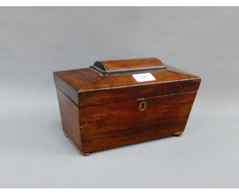 19th Century rosewood sarcophagus shaped tea caddy with hinged lid, twin divisions with lead paper lining on four bun feet
