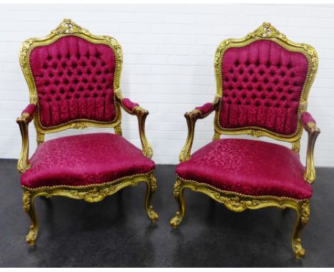 Pair of French style giltwood open armchairs with upholstered button backs and seat, 116 x 70cm (2) 