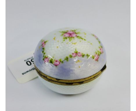 Continental 935 silver gilt and guilloche enamel box of circular form, the hinged lid with rose spray decoration, further imp