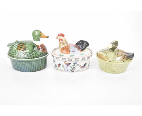 Three ceramic game dishes, 20th CenturyIn the forms of a broody hen and ducks. (3)