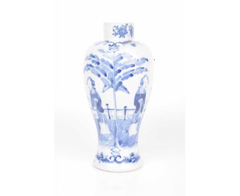 A Chinese Kangxi style Meiping vase, 19th CenturyThe bulbous top, extending to a splayed base, painted with ladies walking in