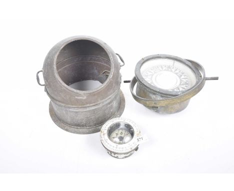 Three nautical itemsTo include a ships compass by Sewill, Liverpool mounted within a brass adjustable bracket, a smaller ship