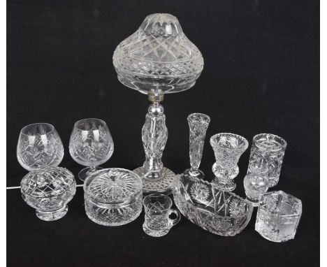 A collection of cut glasswareTo include a mushroom form table lamp, a pair of boxed Royal Country cut glass brandy balloons, 