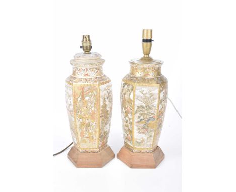 A pair of Japanese satsuma vases (converted to lamp bases) late Meiji Period (1868-1912) The faceted ovoid form vases, each d